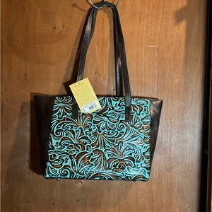 👜 Patricia Nash Varsi Tooled Turquoise Leather Tote - B